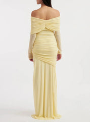 Elegant Designer Dress Slash Neck Asymmetric Long Sleeve Ribbon Shimming Dresses