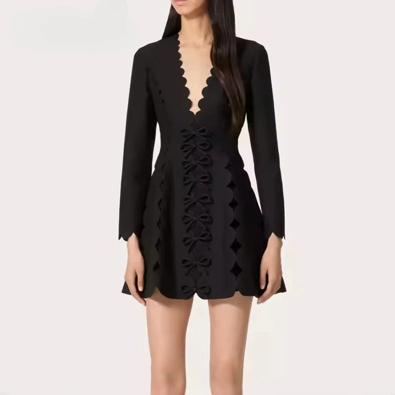 Patchwork Bowknot V Neck Long Sleeve High Waist Slimming Solid Mini Dress
