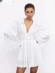 Elegant V-Neck Long Sleeve Classic High Waist Pleated Mini Dresses