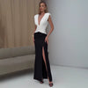 Elegant Patchwork Deep V-Neck Sleeveless High Split Long Maxi Dress