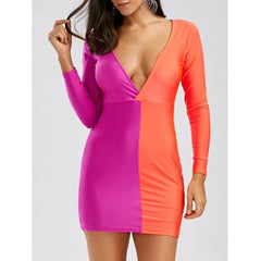 Long Sleeves Plunging Neck Off Breast Stitching Backless Packet Buttock Cut Out Club Dress