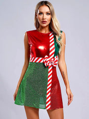 Elegant Above-knee Santa Christmas Shiny Party Mini