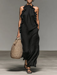 Women's Minimalist Linen-blend Sleeveless Maxi Dress With Ruffle Details MDZ1622A0Y