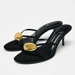 Open Toe Metal Decoration Designer Brand Sandals Black Round Toe Narrow Band Slide Sandals Comfort 42 Plus Size Shoes