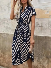 Casual V-neck Short Sleeved Stripe Belt Comfortable Dress