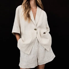 Casual Loose Solid V-neck Buttons Blouse Pockets Short Pants Set