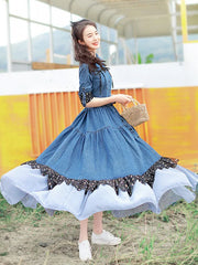 Long Maxi Denim With Belt Single Breasted Patchwork