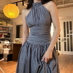 Elegant Stripe Print O-Neck Backless Sleeveless High Waist Pleated Long Dresses