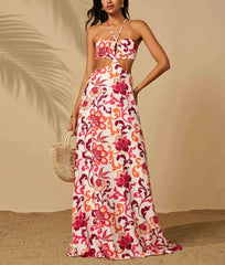 Halter Cutout Floral Backless Mini Evening Gown Leisure Beach Vacation Floor Length Dress