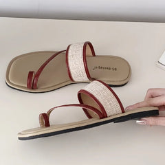 Weaving Narrow Band Flat Sandals Square Toe Clip Toe Designer Shoes