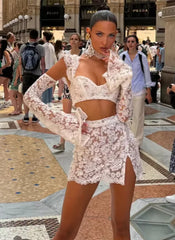 Lace Hollow Out Skirt Square Collar Ribbon Crop Top A-line Mini Split Skirt Sets
