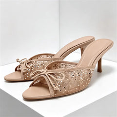 Mesh Rhinestone Bow Decoration Slippers Pointy Toe Peep Toe Slides Sandals Elegant Luxury Designer Heel