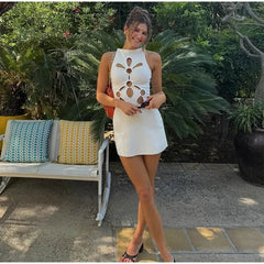 Elegant Solid O-neck Sleeveless Slim Hollow Out Short Dresses