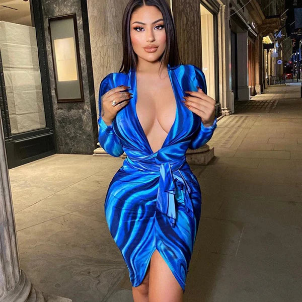 Blocking Graphic Printed V-neck Bandage Slim Dress