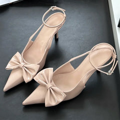 Nude Pink Butterfly-Knot Ankle Strap Pumps Pointed Toe Patent Leather High Heel