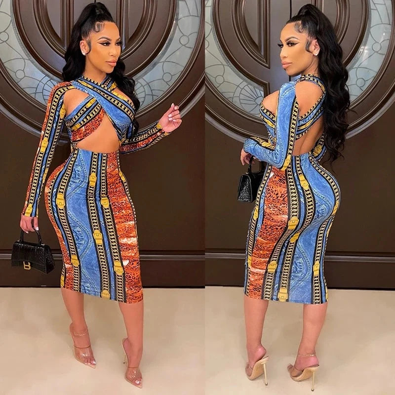 Hollow Long Sleeve Night Club Party Dress