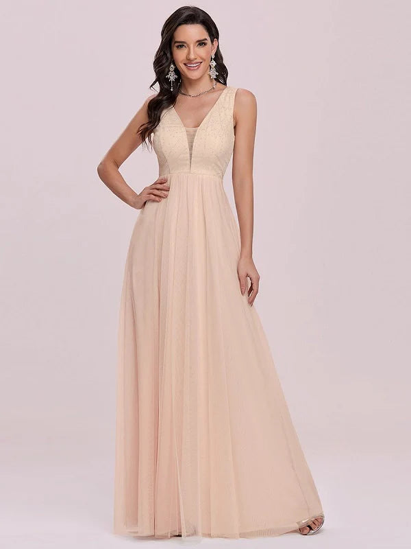 Prom A-Line Sleeveless Floor-Length Tulle Evening Dress