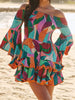 Casual Slash Neck Flare Sleeve Ruffles Patchwork Printed Mini Dress