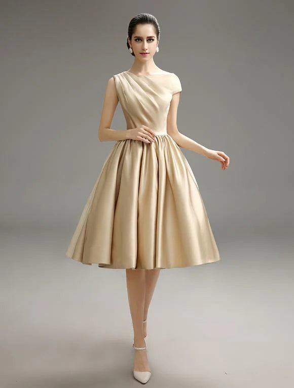 Casual Pleated Satin Fabric Cocktail Knee-Length Dress