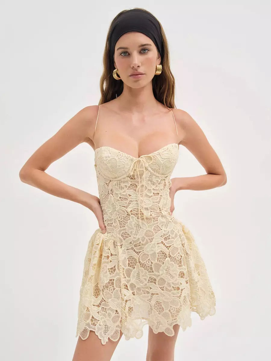 Casual Sweet Open Shoulder Front Tie Lace Mini Strap Dress