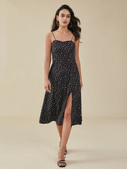 Dot Print Slit Open Back Spaghetti Dress
